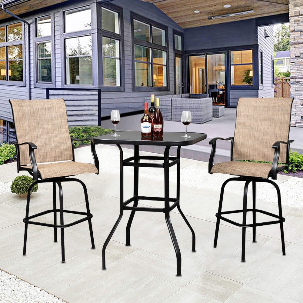3 Piece Outdoor Height Bistro Chairs Set, Patio Bar Height Table With 360° Swivel Chairs, All ... for Keola Swivel Chair 3 Piece Outdoor Furniture Set
