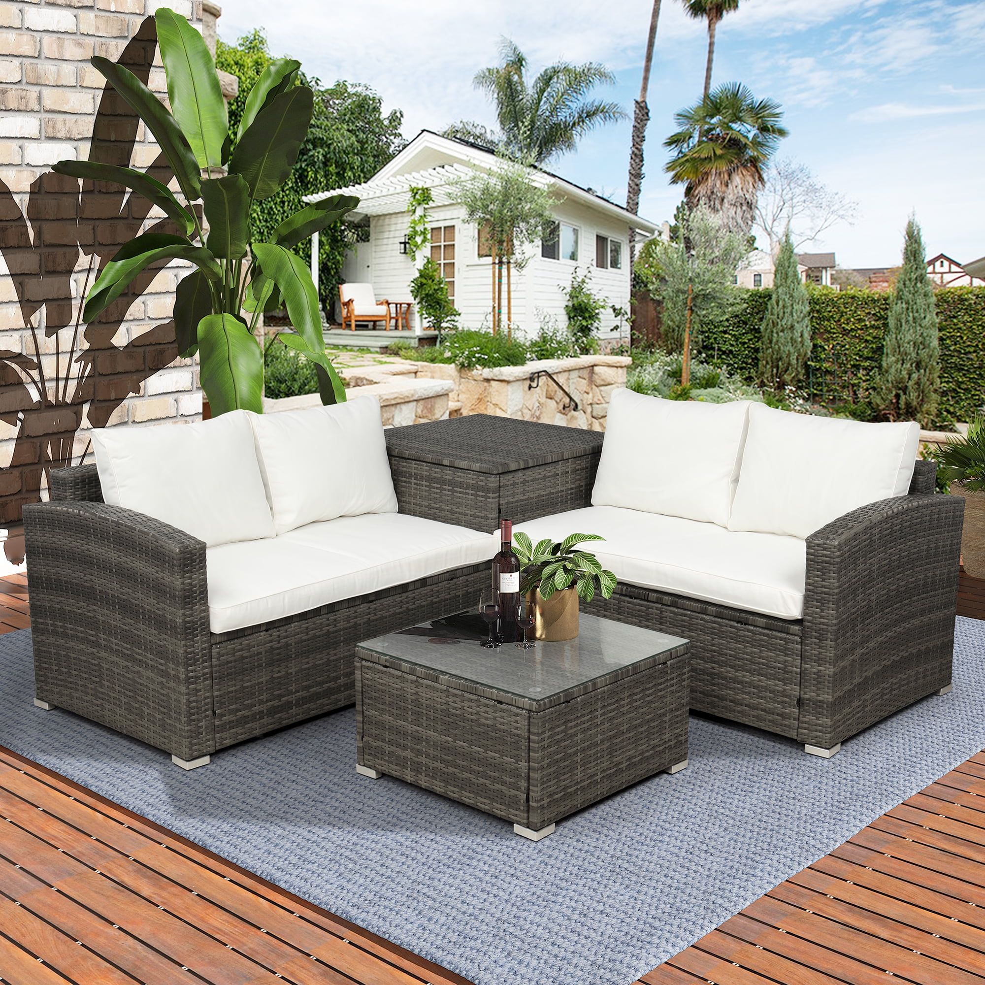 4-Piece Rattan Patio Furniture Sets, Wicker Bistro With Ottoman Coffee Table Sectional Sofa Set ... with Segovia 4 Piece Couch Outdoor Furniture Set With Rocking Chairs