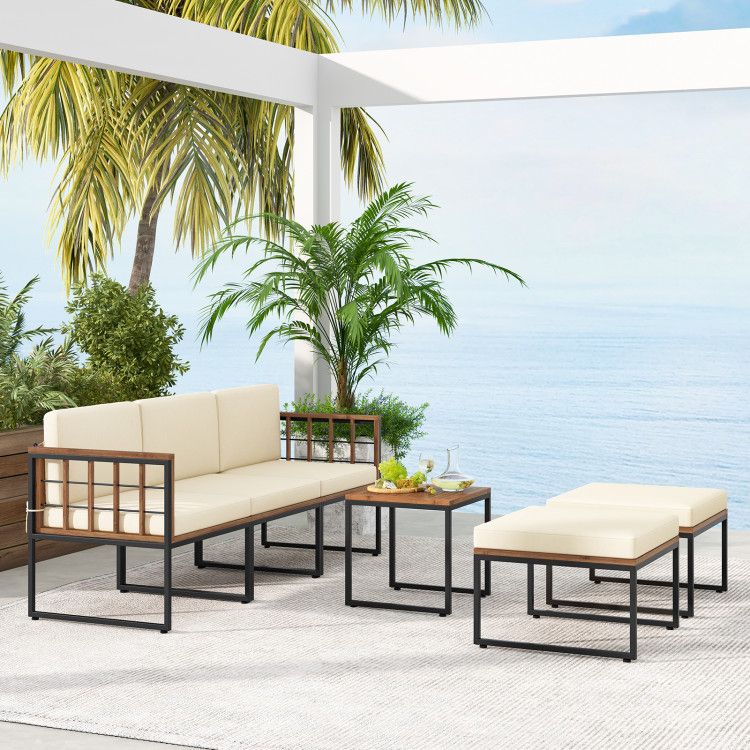 6 Pieces Acacia Wood Patio Furniture Set With Coffee Table And Ottomans - Costway with regard to Atrani Natural Acacia Wood Outdoor Furniture Collection