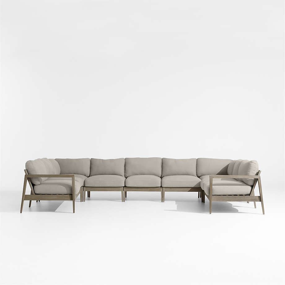 Andorra Weathered Grey Wood 7-Piece U-Shaped Outdoor Sectional Sofa With Silver Sunbrella ... in Andorra Modular Outdoor Sectional Collection