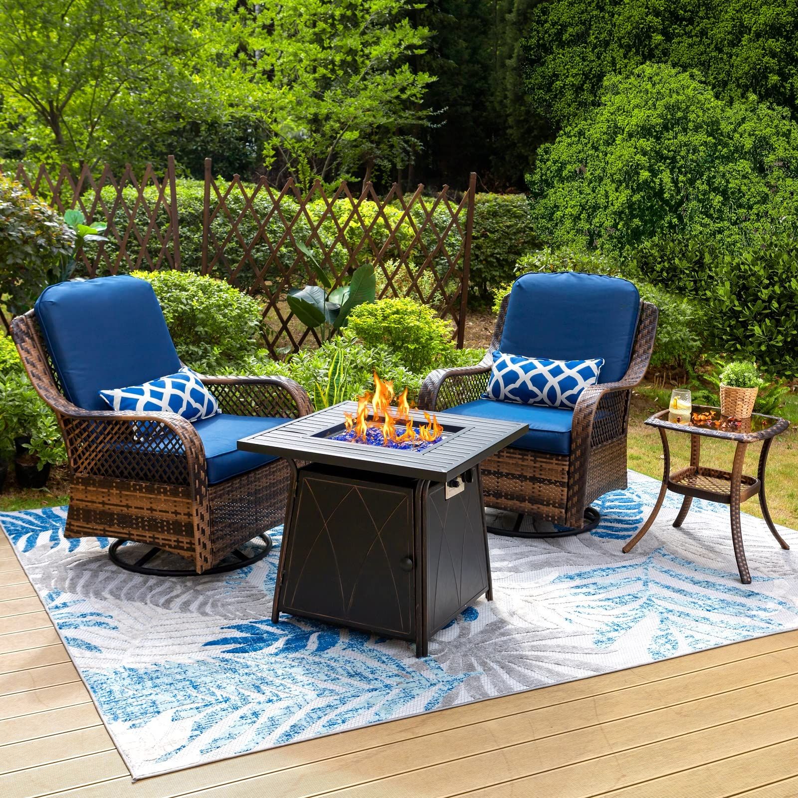 Buy Phi Villa 4 Piece Outdoor Swivel Rocker Chairs Set With Propane Fire Pit Table Rattan Patio ... for The Art of Outdoor Living Featuring the Segovia 4 Piece Rocking Chair Set
