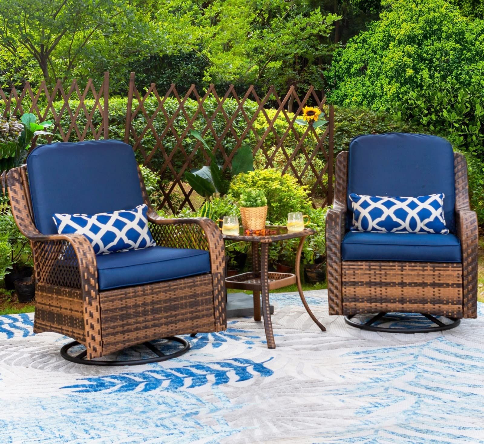 Buy Phi Villa Oversized Outdoor Swivel Rocker Patio Chairs Set 3 Piece With 1 Table And 2 ... inside Keola Swivel Chair 3 Piece Outdoor Furniture Set