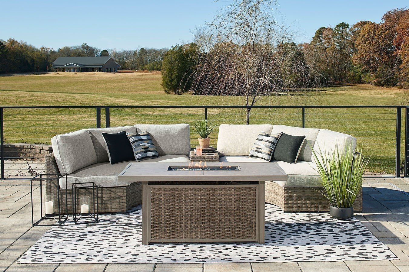 Calworth Modular Outdoor Sectional Set W/ Beachcroft Fire Pit Table By Signature Design By ... throughout Andorra Modular Sectional Cleaning and Maintenance Guide Keeping Your Furniture Pristine