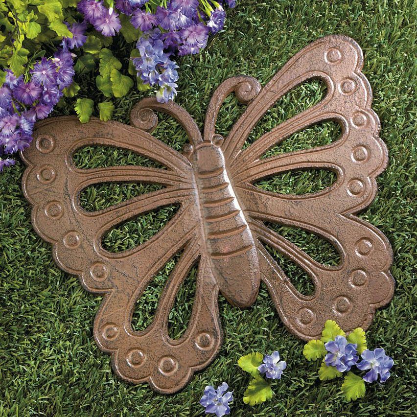 Cast Iron Butterfly Stepping Stone for Creating Garden Pathways with 11&amp;quot; Wide Verdigris Butterfly Stepping Stones