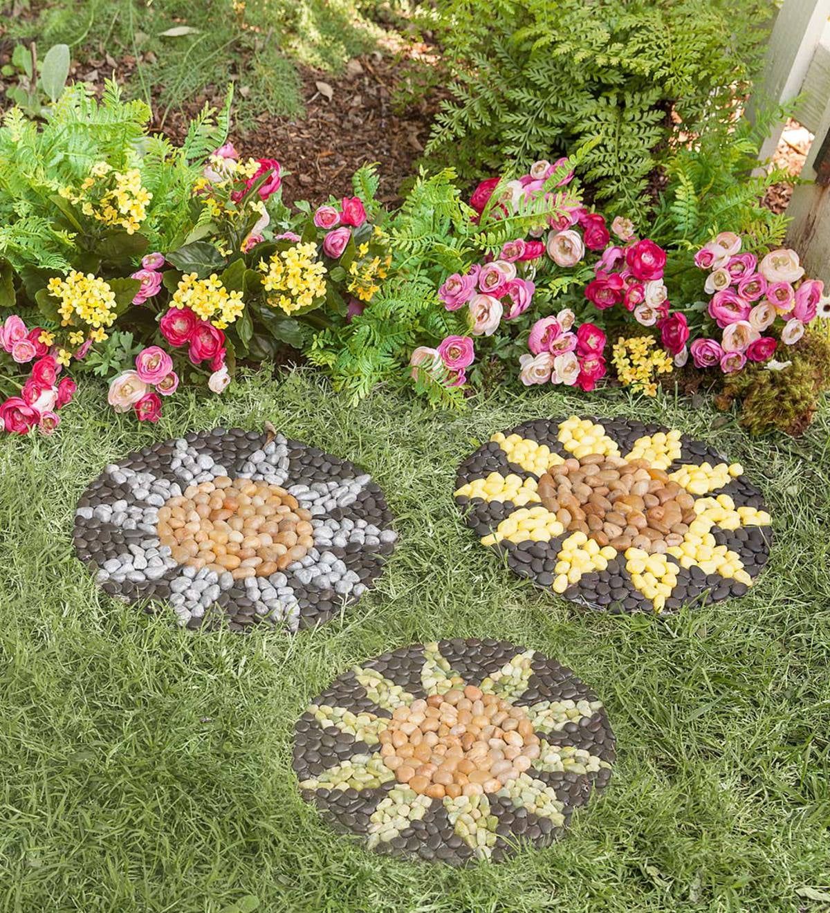 Cheerful &amp; Colorful Sunflower Outdoor Garden Stepping Stones, Set Of 3 ... throughout Set Of 2 Love My Garden And Home Sweet Home Floral Outdoor Garden Stones 7"