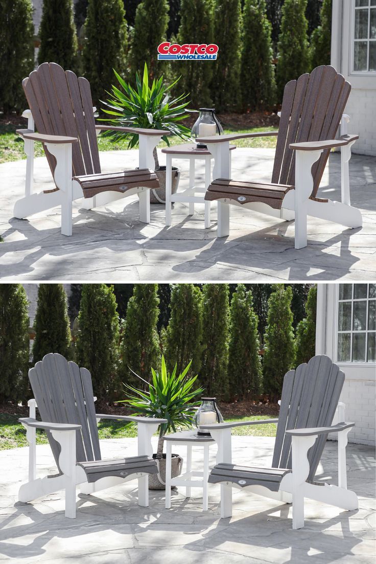 Classic Wood-Look Adirondack 3-Piece Set By Leisure Line In 2022 | Outdoor Living Patio, Outdoor ... with Modern Slatted Wood Adirondack 3 Piece Outdoor Furniture Set