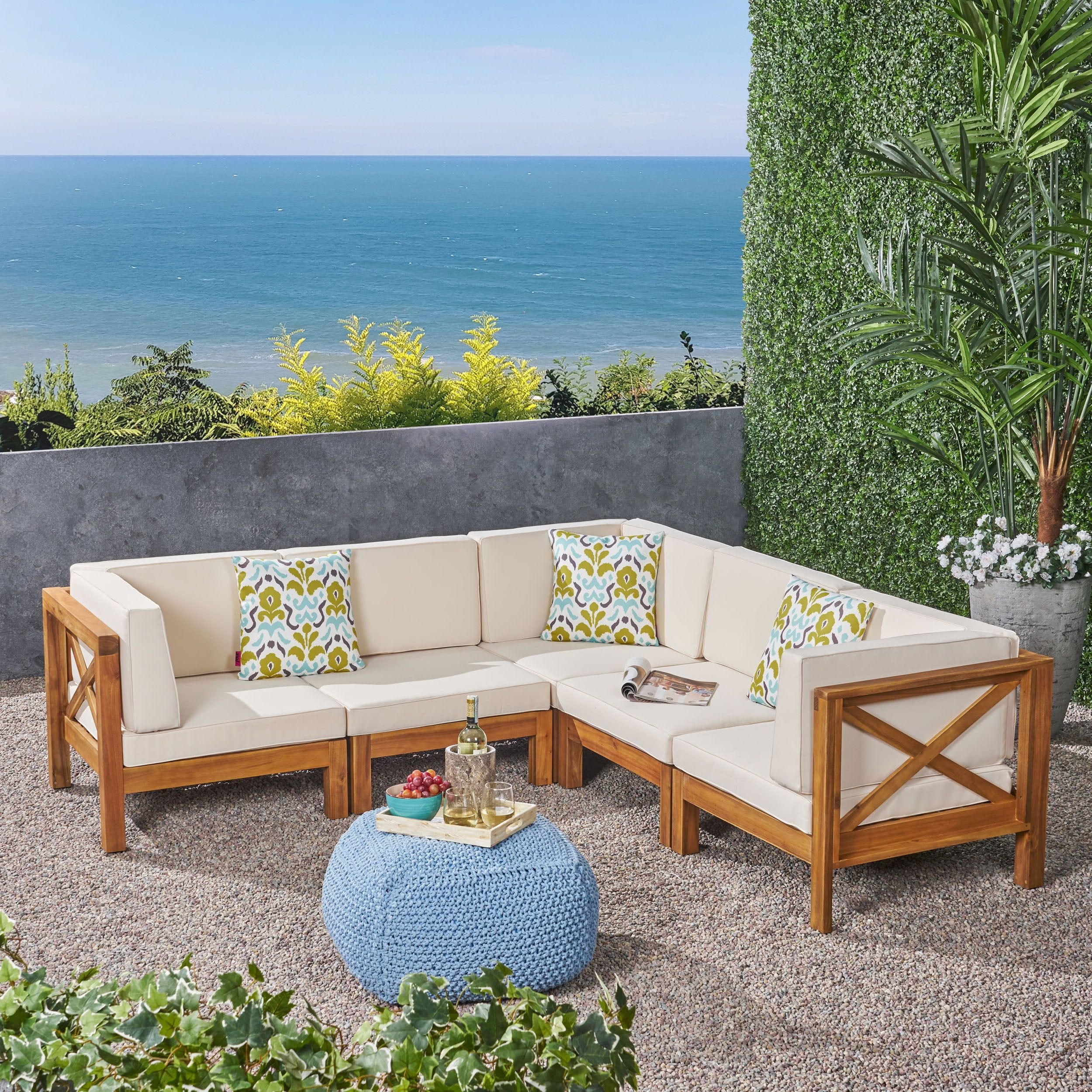 Elisha Outdoor 5 Piece Acacia Wood Sectional Sofa Set With Cushions, Teak, Beige - Walmart.com ... pertaining to Cabrillo Acacia Wood And Rope 3 Piece Outdoor Furniture Set