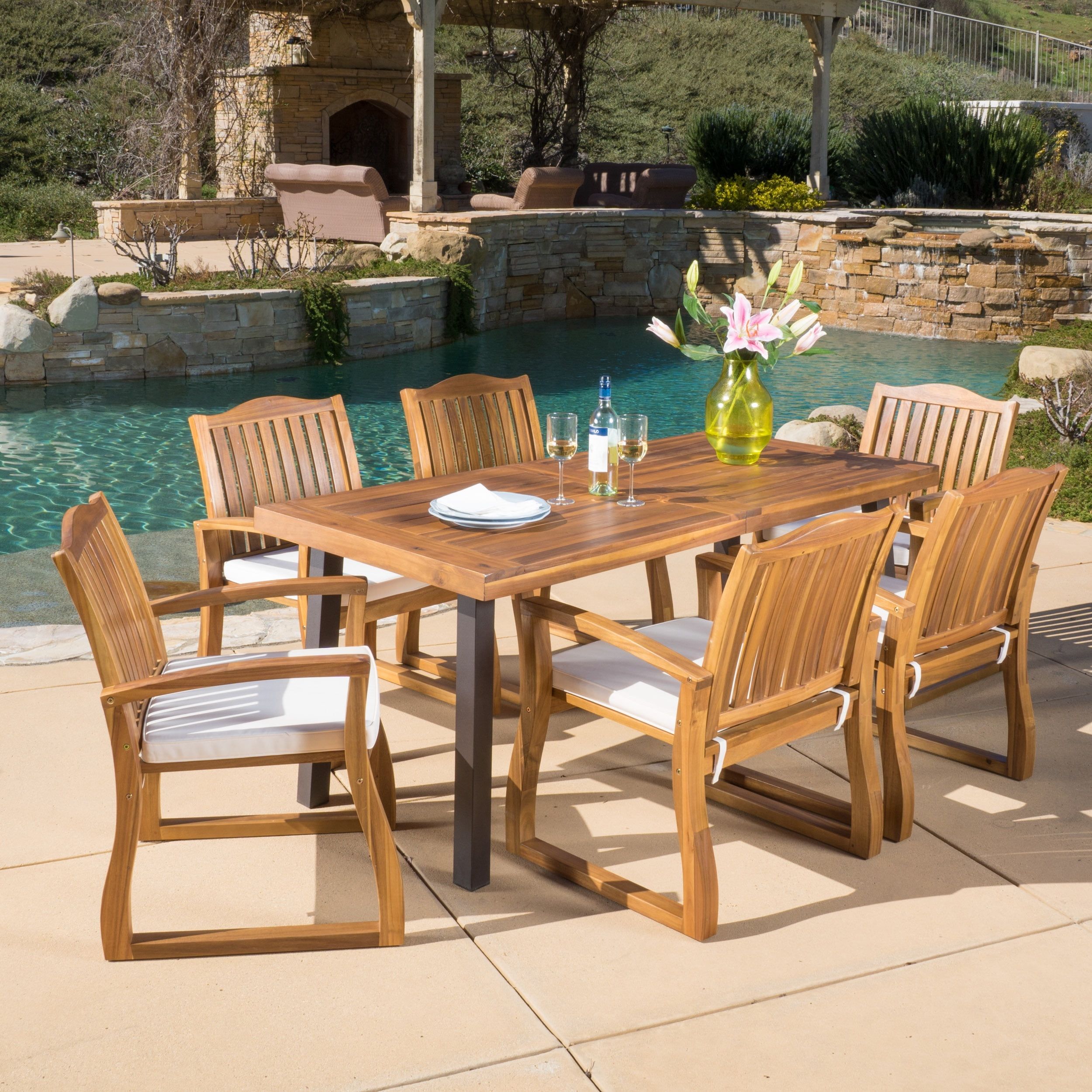 Gallagher Outdoor Acacia Wood 7 Piece Dining Set, Teak Finish - Walmart.com for Larissa Acacia Wood 3 Piece Outdoor Furniture Set
