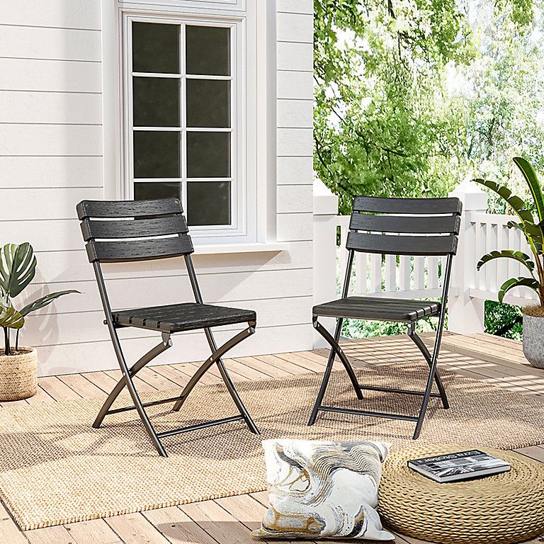 Livingandhome Set Of 2 Black Slatted Outdoor Plastic Folding Chairs Set ... with Salina Monochromatic Plastic Slatted Outdoor Armchair Set Of 2