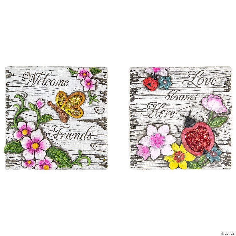 Northlight Set Of 2 Love Blooms And Welcome Friends Floral Outdoor ... inside Set Of 2 'Love Blooms Here' Floral Outdoor Garden Stones 7"
