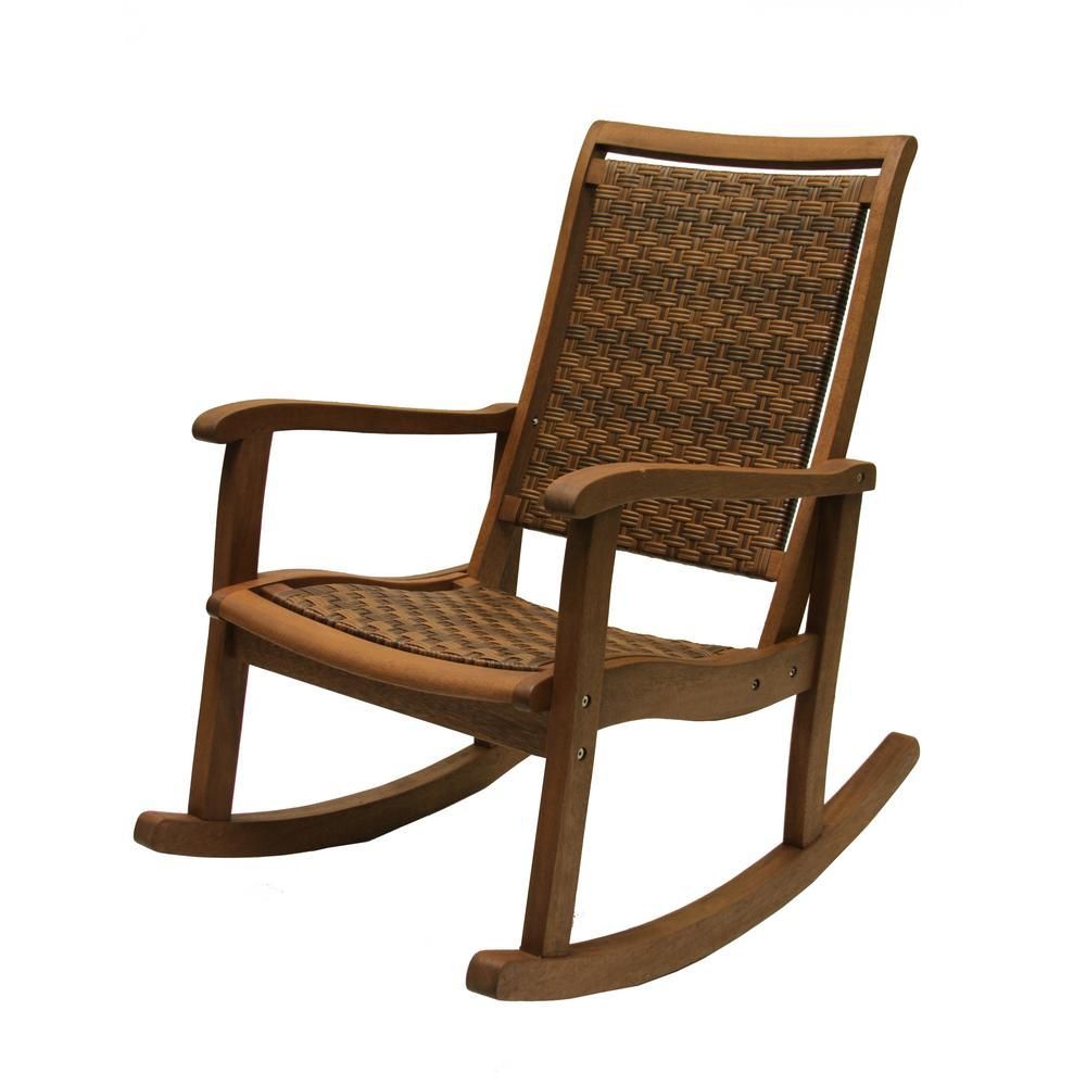 Outdoor Interiors Brown Wicker And Eucalyptus Outdoor Rocking Chair ... inside Eucalyptus Wood's Resilience A Guide to Outdoor Furniture Materials