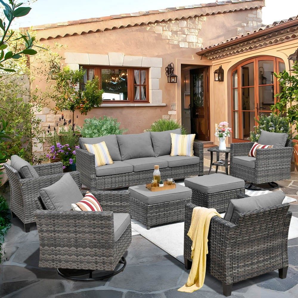 Ovios 8-Piece Patio Conversation Wicker Furniture Set Swivel Chair Set Dark Grey - Walmart.com intended for Segovia 4 Piece Couch Outdoor Furniture Set With Swivel Chairs