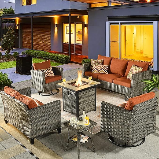 Ovios Patio Furniture Set 6 Piece Outdoor Sectional Sofa Set With Rocking Swivel Chairs Fire Pit ... in Segovia 4 Piece Couch Outdoor Furniture Set With Swivel Chairs