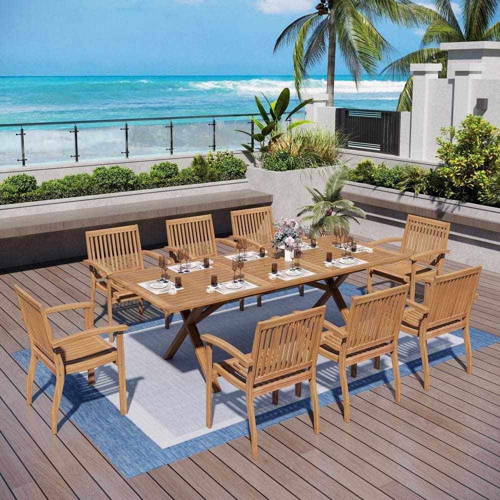 Phi Villa Brown 9-Piece Outdoor Dining Set With Acacia Wood Extendable Table And Acacia Wooden ... intended for Larissa Acacia Wood 3 Piece Outdoor Furniture Set