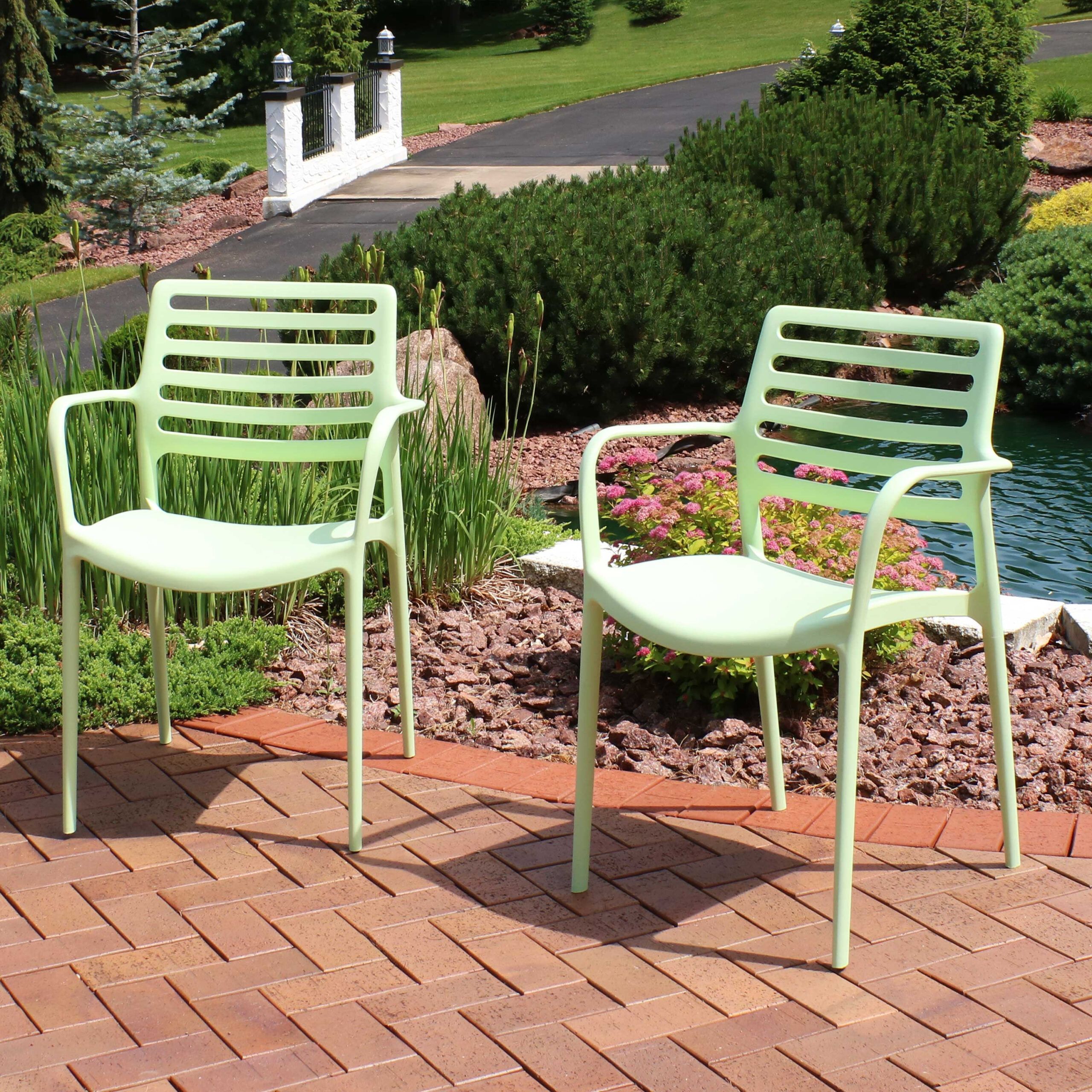 Sunnydaze Astana Plastic Outdoor Dining Chair - Slatted Design Armchair ... in Comparing Outdoor Armchair Materials and Designs