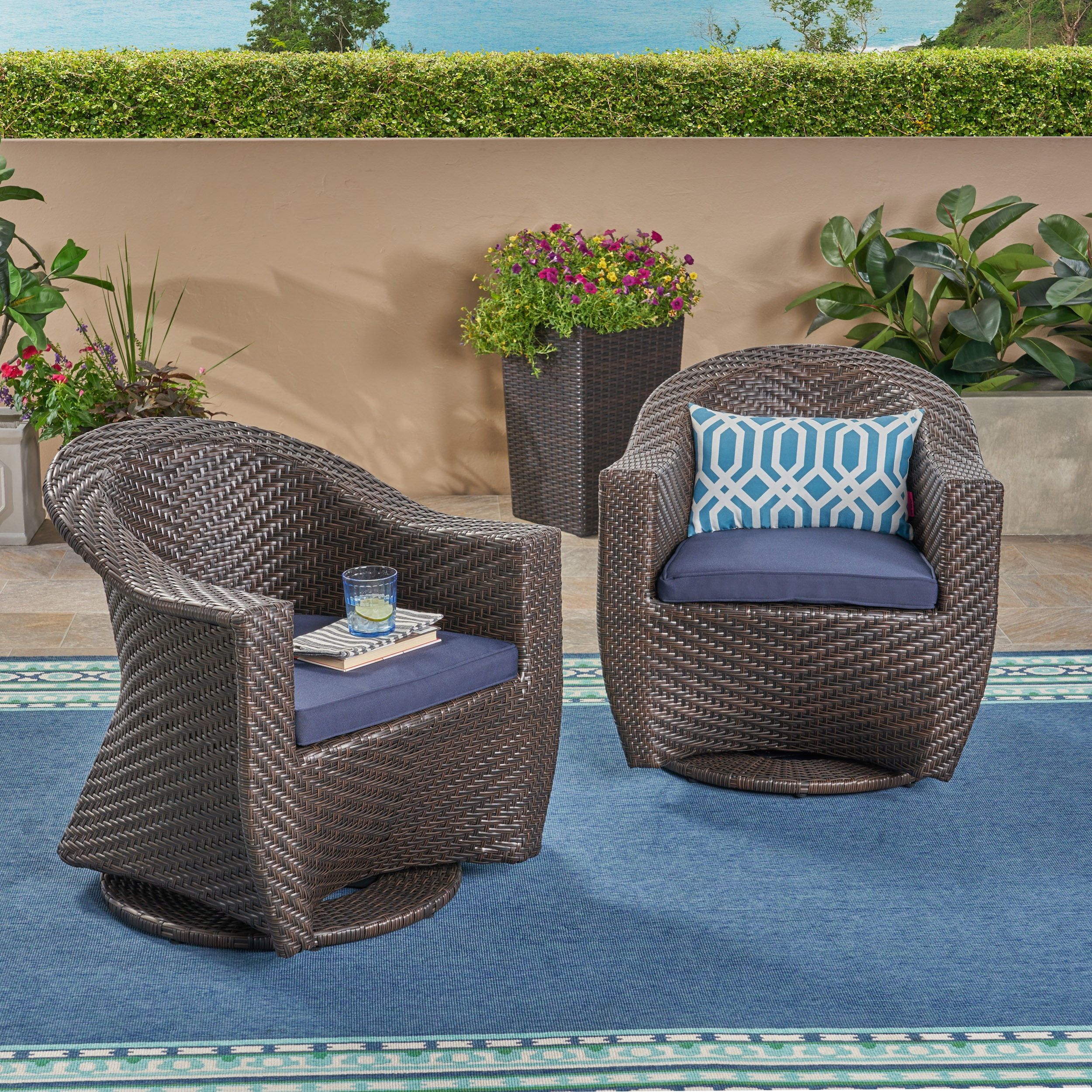 Swivel Patio Chairs With Cushions : Dearing 3 Piece Rattan Conversation Set With Cushions ... in Keola Swivel Chair 3 Piece Outdoor Furniture Set
