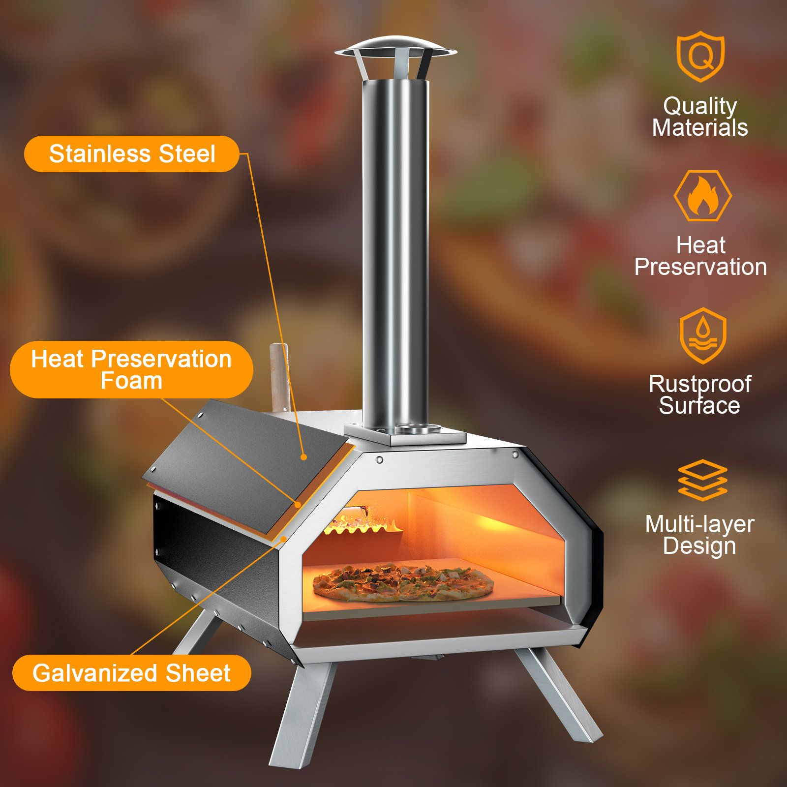 Topbuy 12 Inch Outdoor Pizza Oven Portable Wood Fired Stainless Steel Pizza Grill With Pizza ... with Outdoor Pizza Oven With Open Shelf And Wheels, Portable Wood Fired Pizza Maker