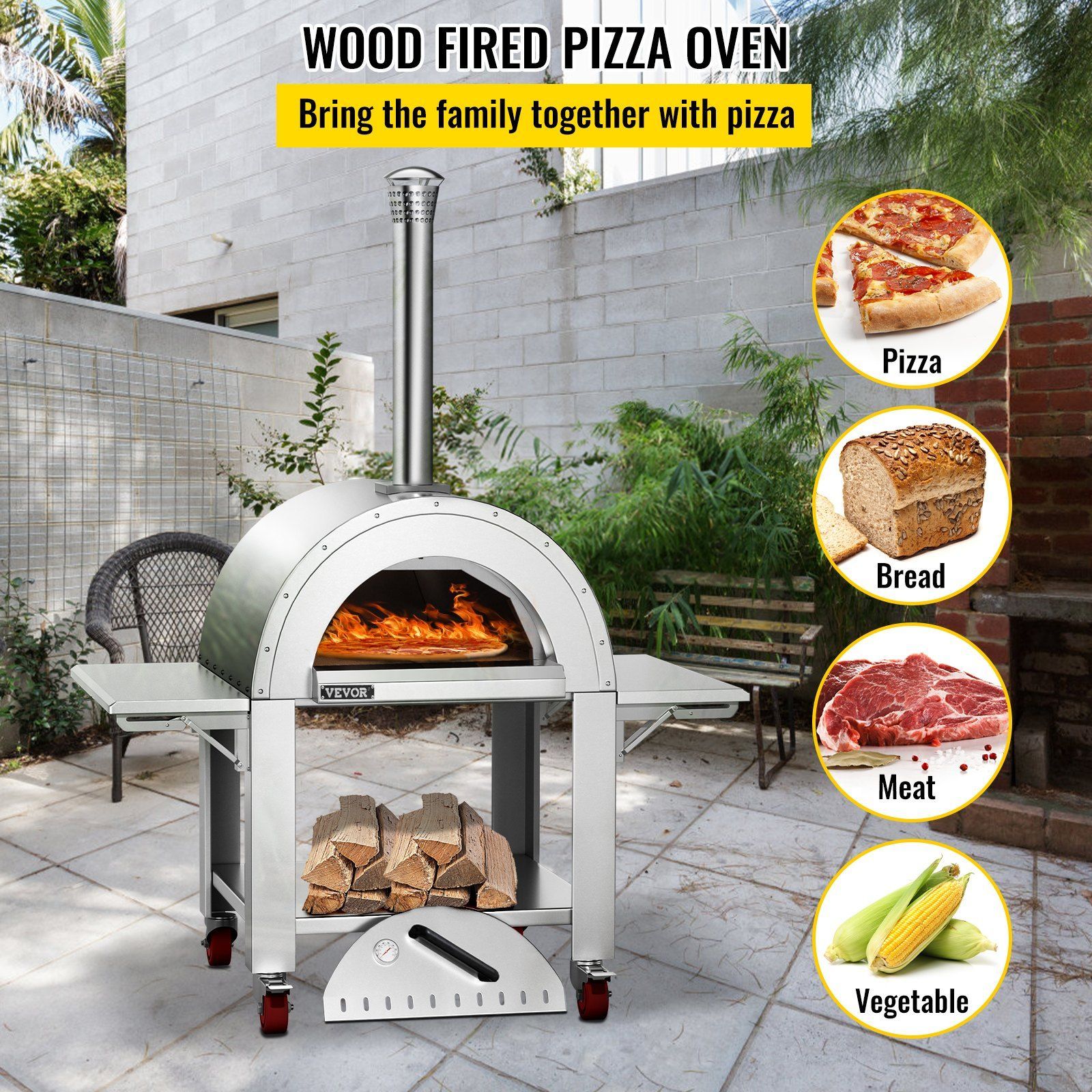 Vevor Outdoor Pizza Oven Wood Fired Pizza Oven Movable Stainless Steel ... in Wood Or Gas Burning Outdoor Pizza Oven With Accessories, Stainless Steel