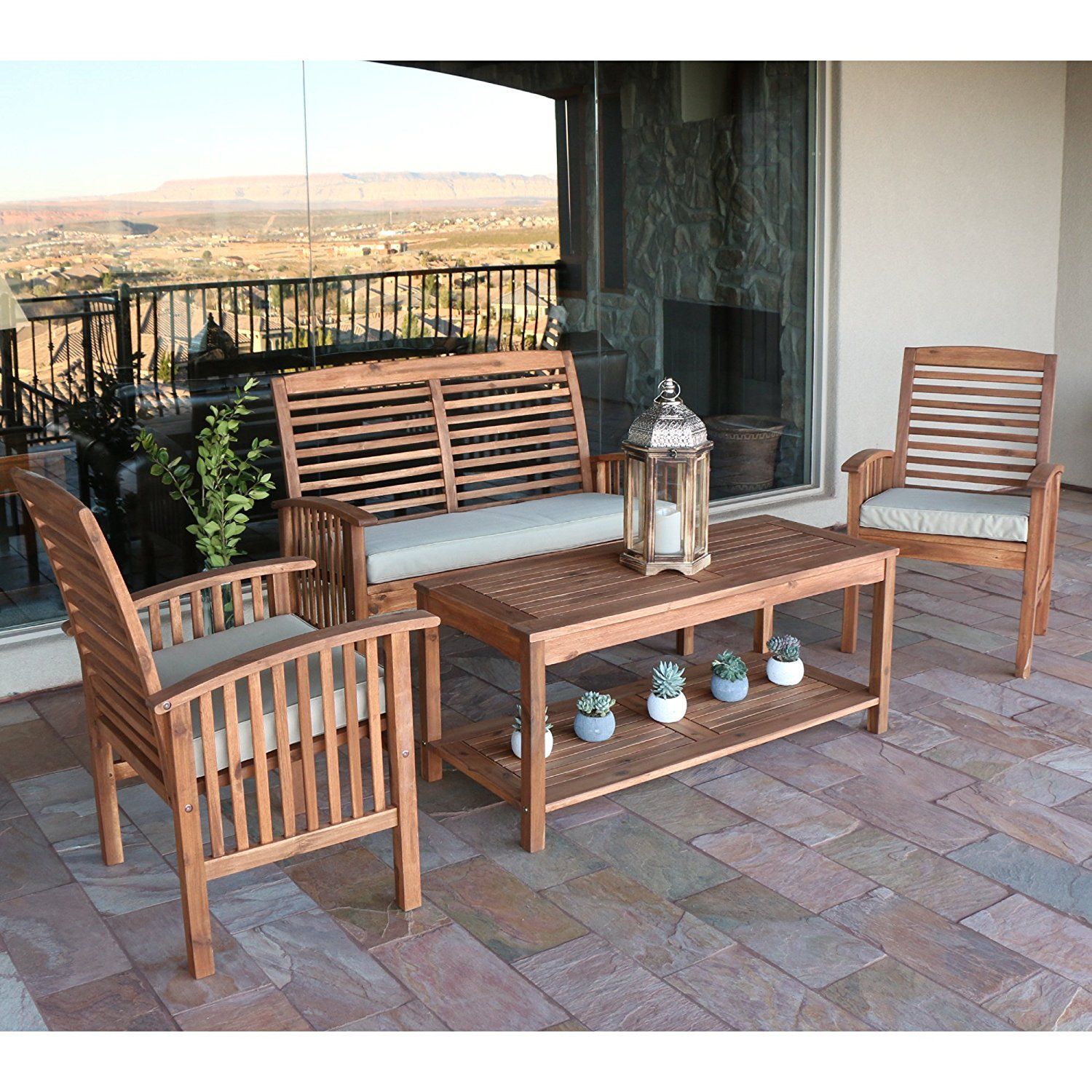 Walker Edison Rendezvous Modern 4 Piece Solid Acacia Wood Slatted Patio Chat Set With Cushions ... with regard to Larissa Acacia Wood 3 Piece Outdoor Furniture Set