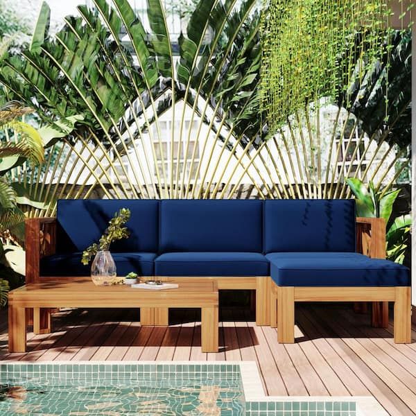 Zeus &amp; Ruta Natural Acacia Wood 5-Piece Patio Outdoor Sectional Sofa Set With Blue Cushions And ... regarding Atrani Natural Acacia Wood 5 Piece Outdoor Furniture Set