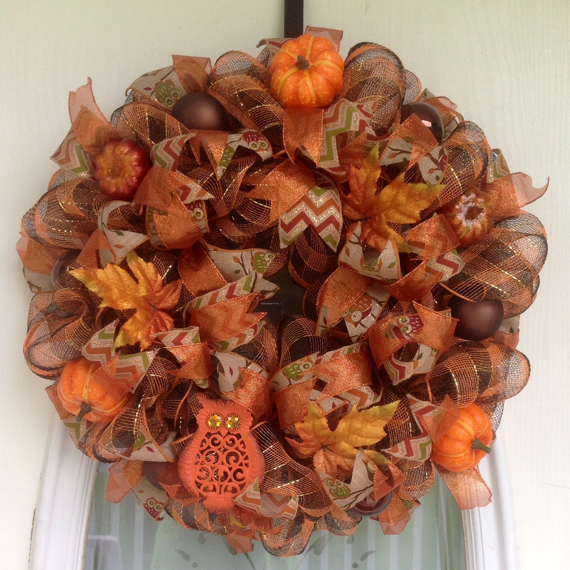 22" Brown, Orange And Gold Deco Mesh Fall Wreath With Fall Chevron ... regarding
