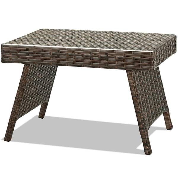 Costway Brown Rectangle Wicker Outdoor Folding Side Table Coffee Table ... within