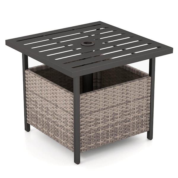 Costway Gray Square Wicker Outdoor Side Table With Umbrella Hole Garden ... pertaining to