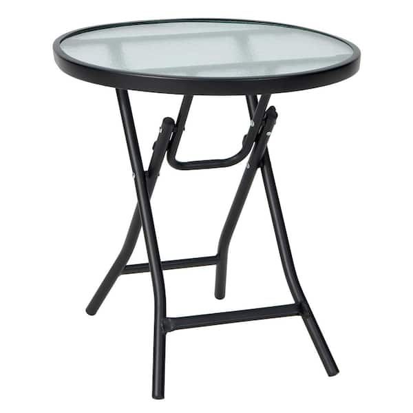 Costway Patio Folding Round Glass Outdoor Side Table Bistro Coffee ... inside