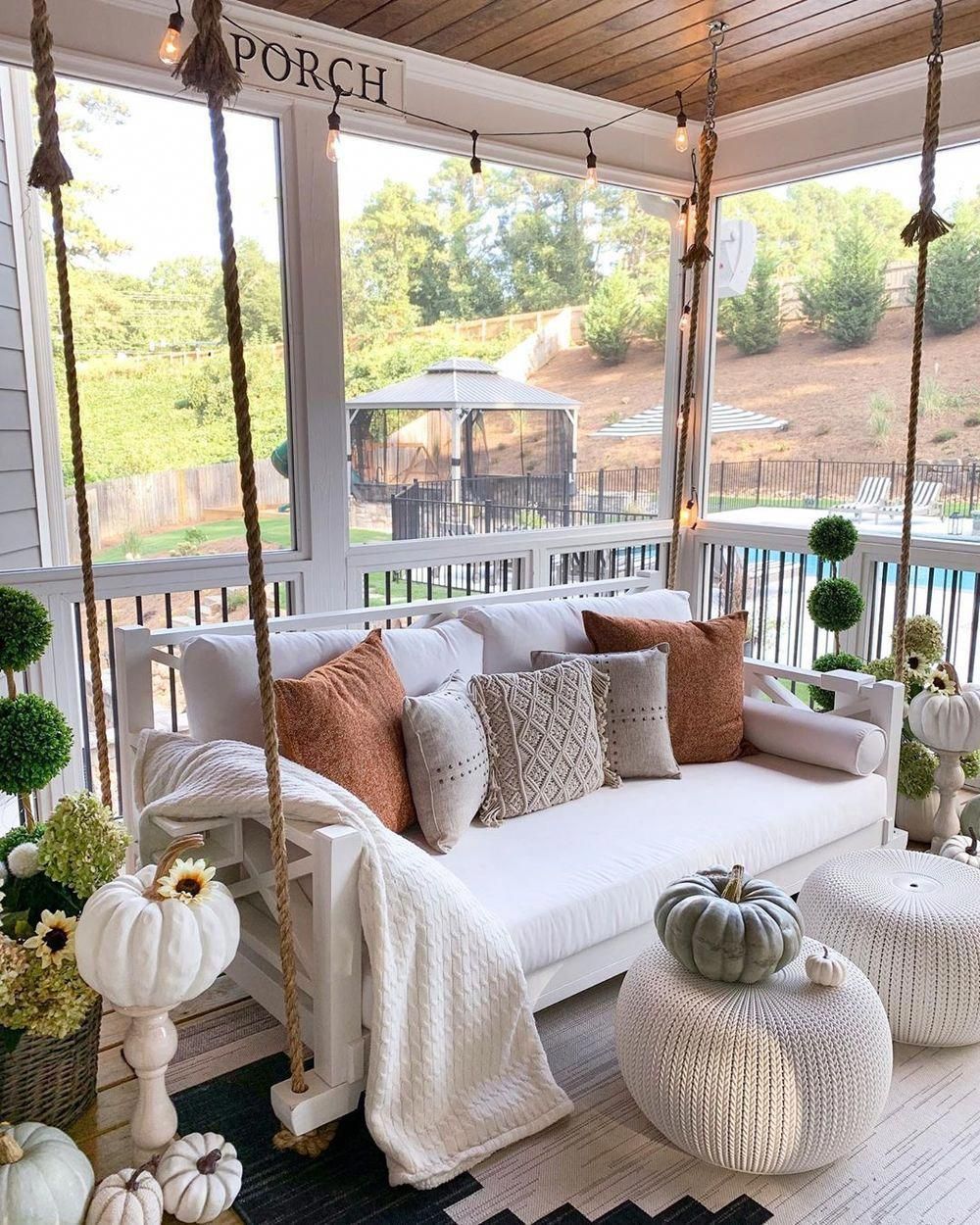 Fall Front Porch With Rope Swing With Pillows Via @Mygeorgiahouse. A ... in Creating Cozy Outdoor Spaces with Frontporch Cardinals Pillows