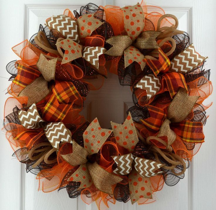 Fall Thanksgiving Deco Mesh Front Door Wreath, Orange Brown Burlap ... within