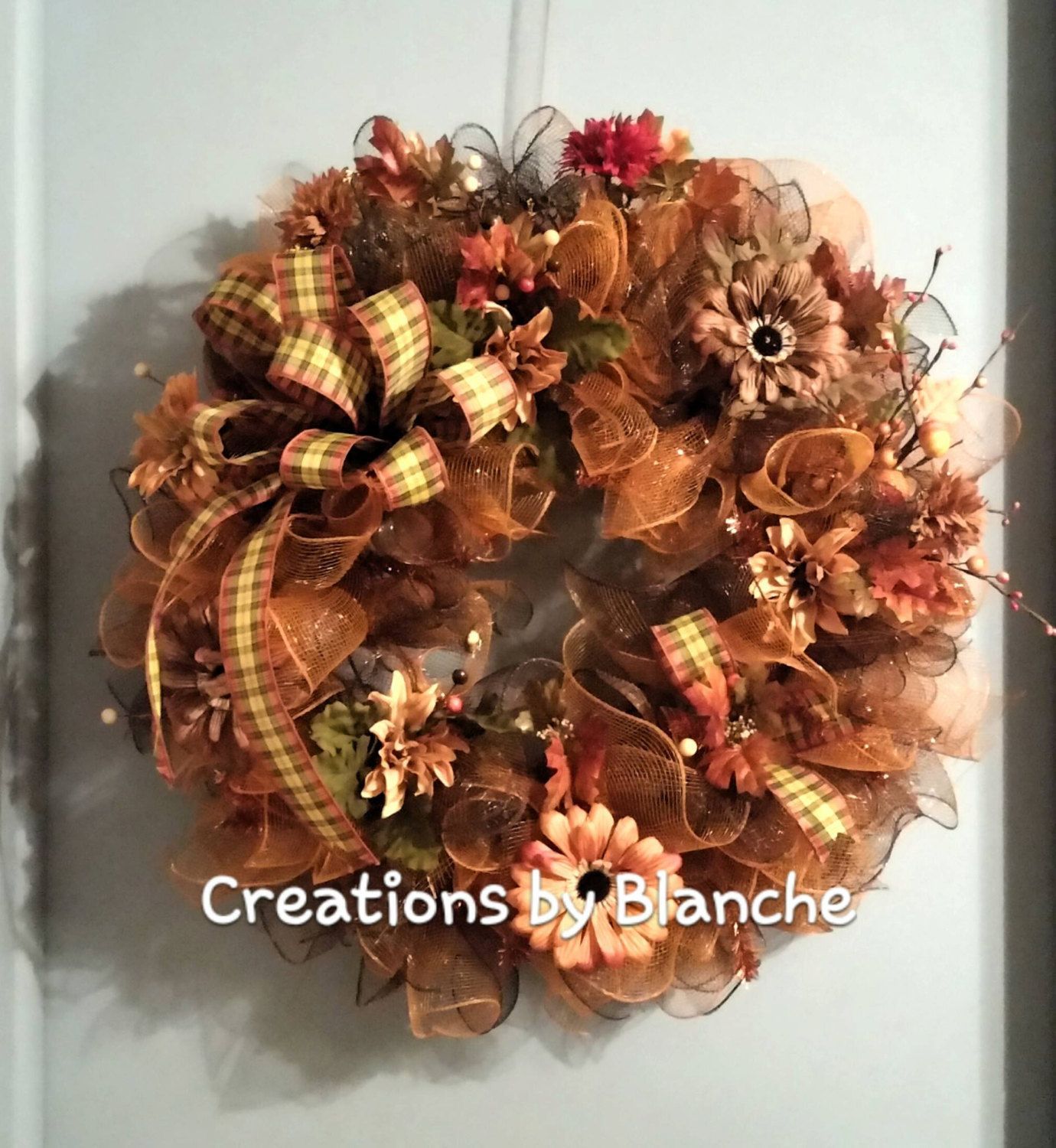 Fall Wreath Autumn Wreath Deco Mesh Brown Orange Yellow Copper | Etsy ... for