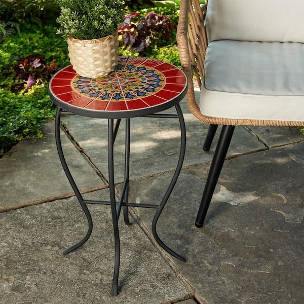 Haven Way Merida Red Mosaic And Black Metal Outdoor Side Table 89 ... with Unveiling the Artistry of Outdoor Multi Color Mosaic Side Tables