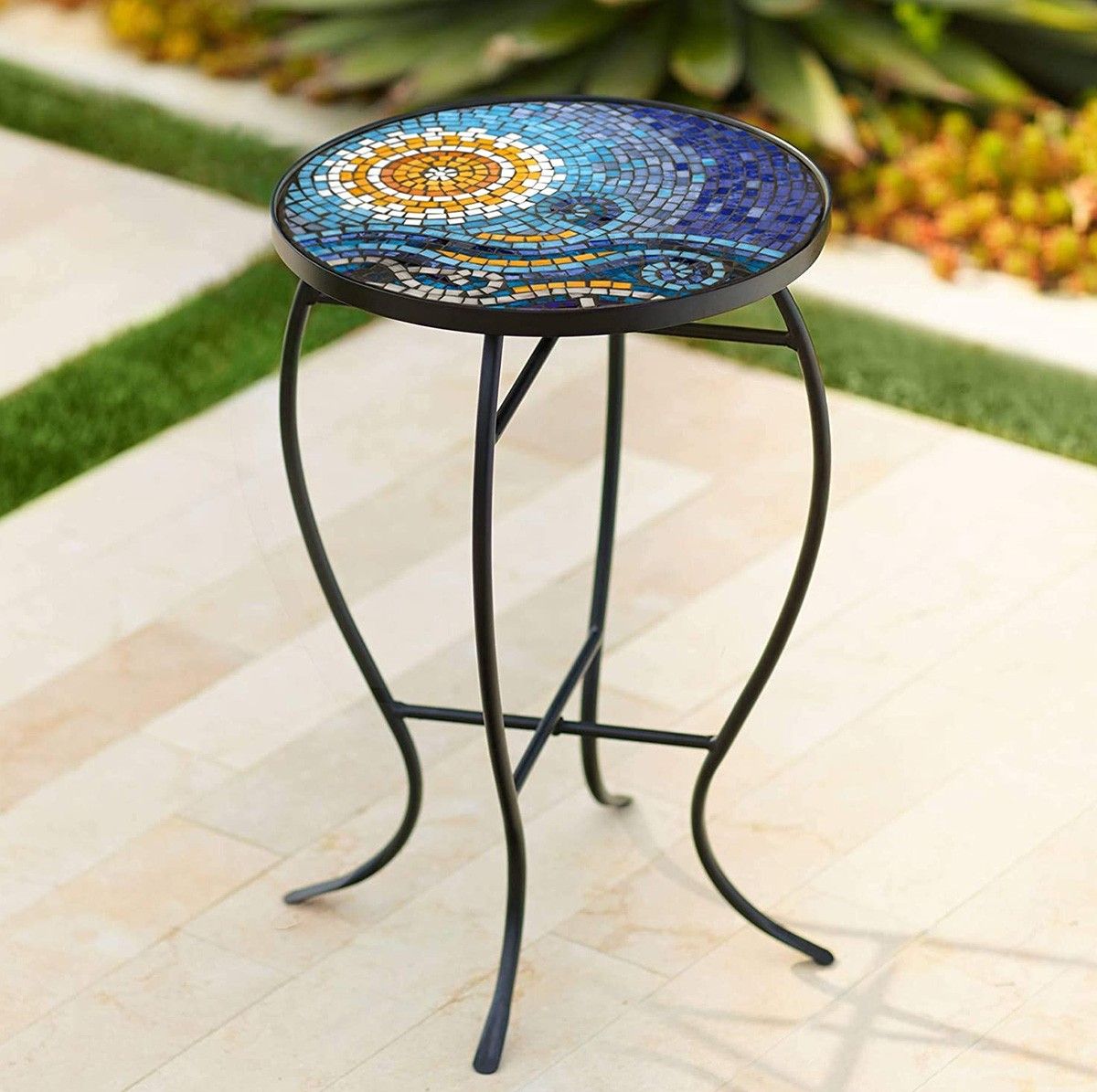 Mosaic Outdoor Side Table Flowers Sunflower Mosaic Accent Table - The ... in Unveiling the Artistry of Outdoor Multi Color Mosaic Side Tables