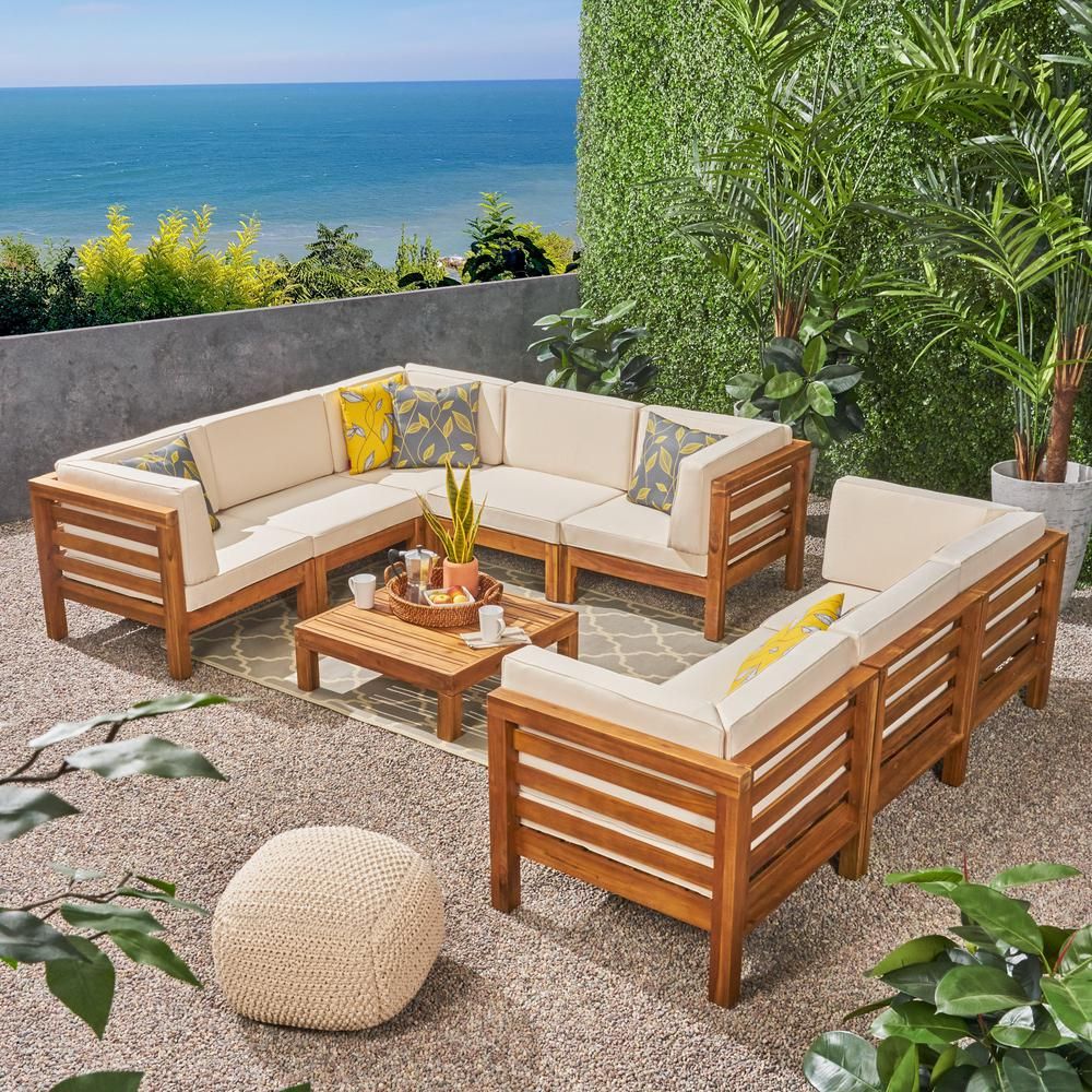 Noble House Jonah Teak Finish 9-Piece Wood Outdoor Sectional Sofa Set ... within