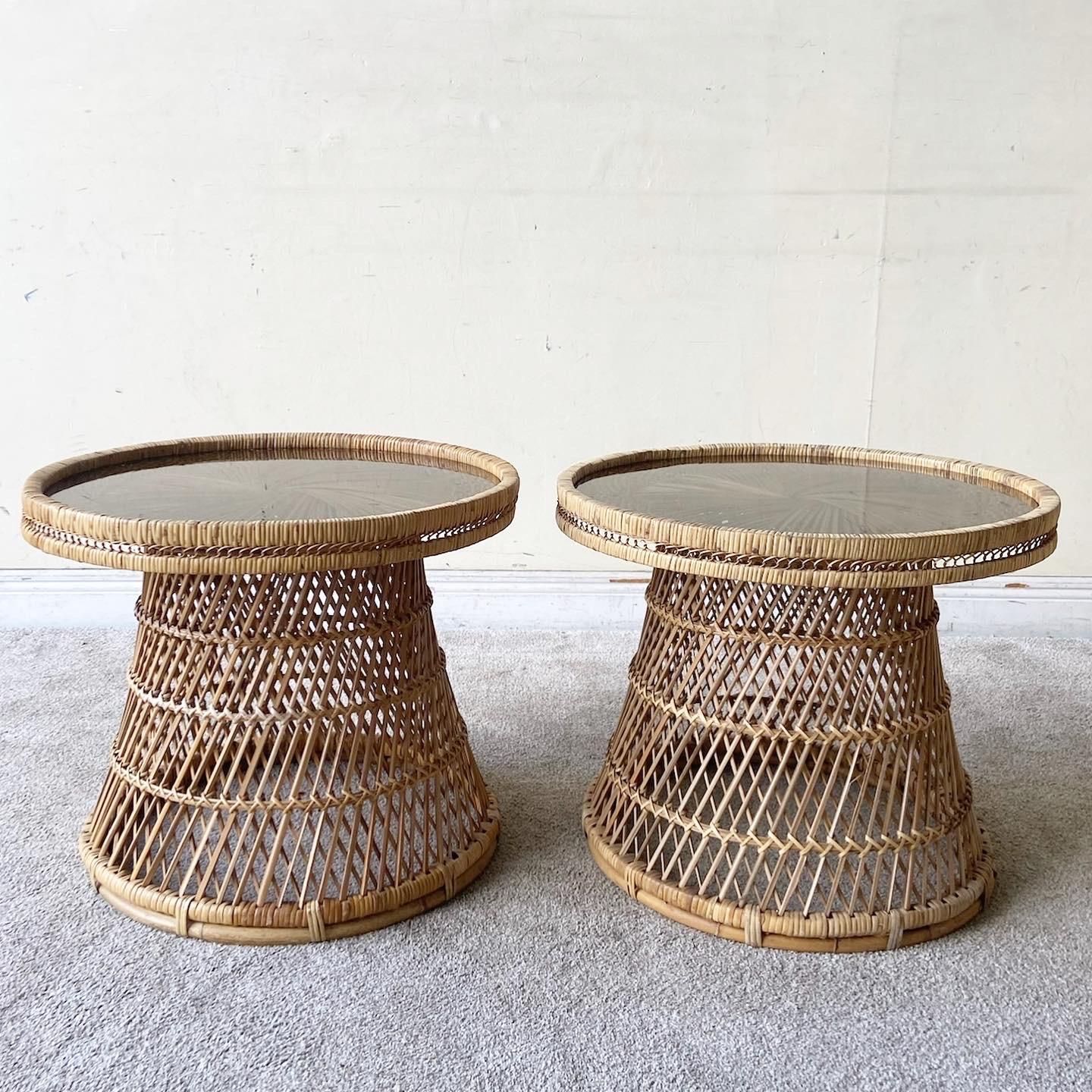 1980S Boho Chic Buri Rattan Smoked Glass Top Hour Glass Side Tables, A ... throughout Beyond the Basics Unpacking the Durability of Condor Rattan Glass Top Tables
