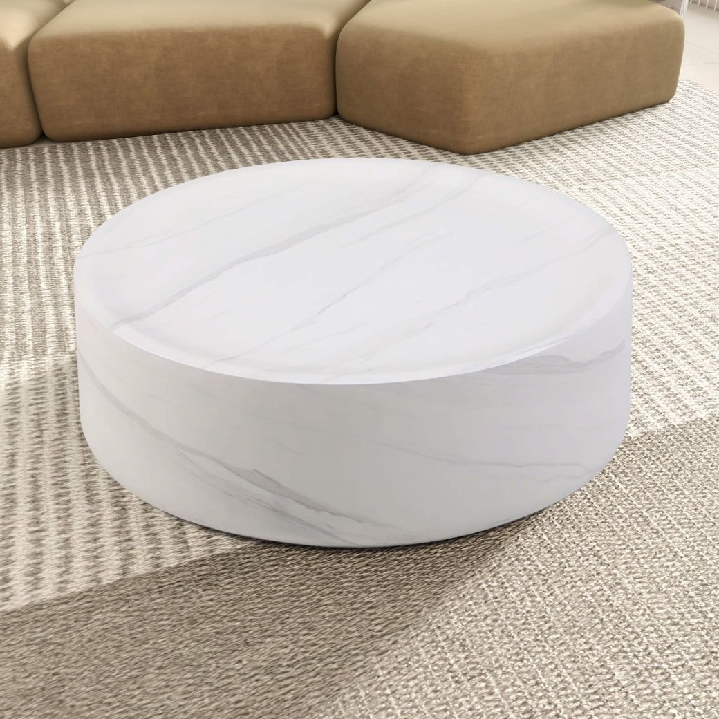 31.49'' Round Coffee Table With Marble Texture, Modern Low Drum Circle ... within Designing serene outdoor spaces with white fiberglass coffee tables
