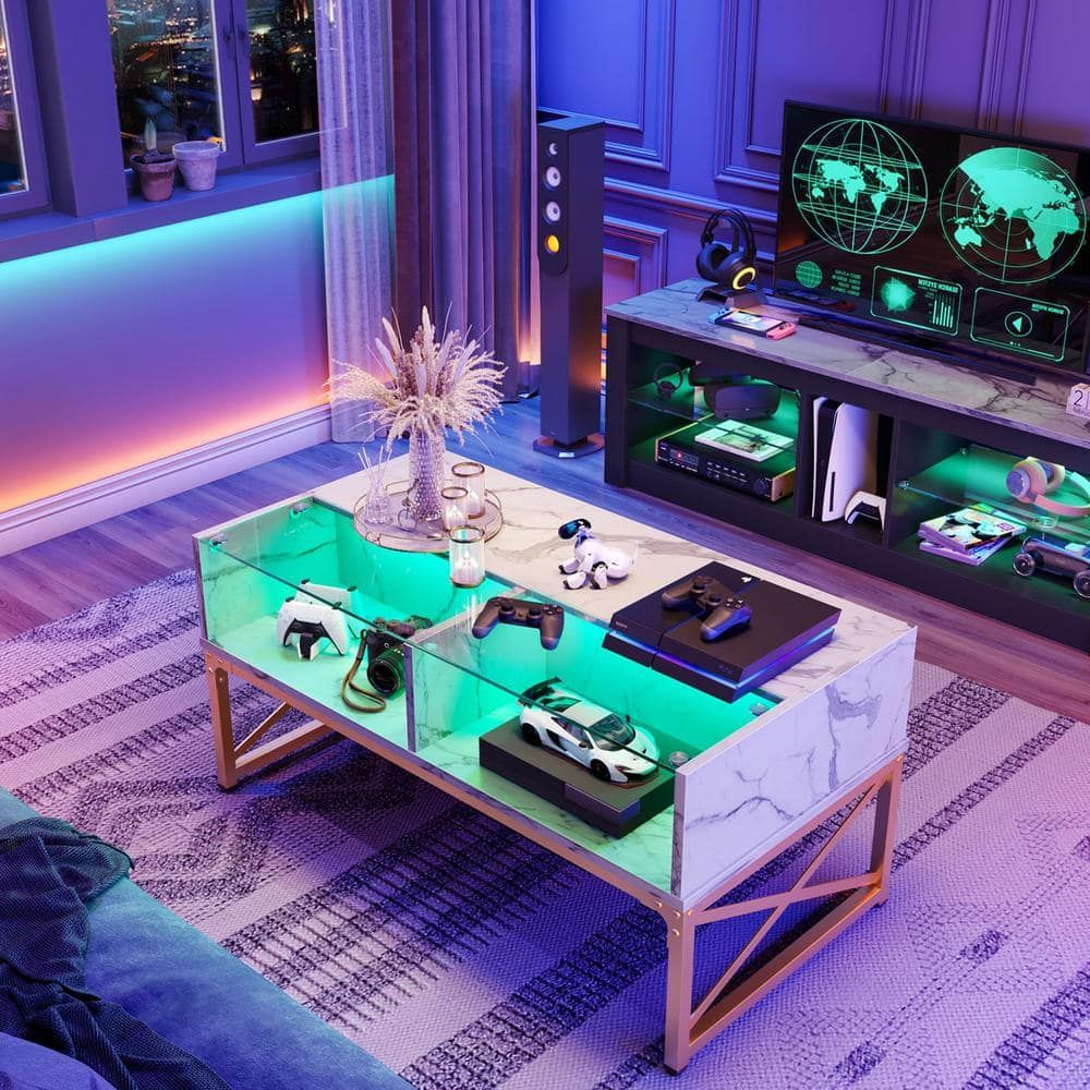 Bestier 41.7 In. White Marble Rectangle Wood Led Coffee Tables For ... pertaining to