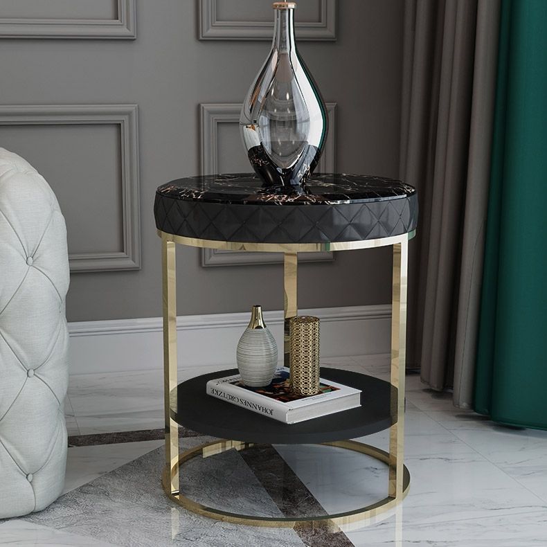 Black Round Faux Marble Side Table With Storage Pu Leather Gold Finish regarding