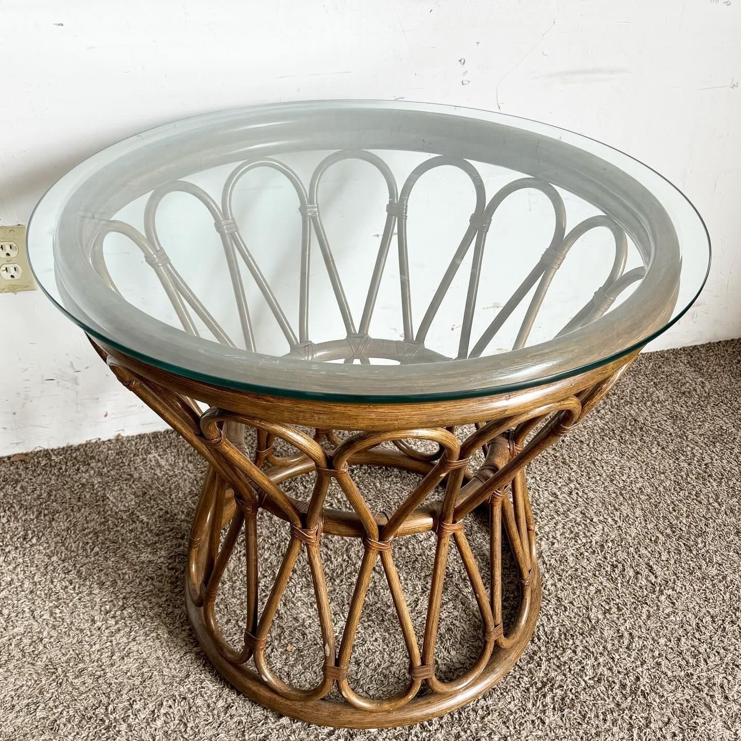 Boho Chic Bamboo Rattan Circular Beveled Glass Top Side Table For Sale ... throughout