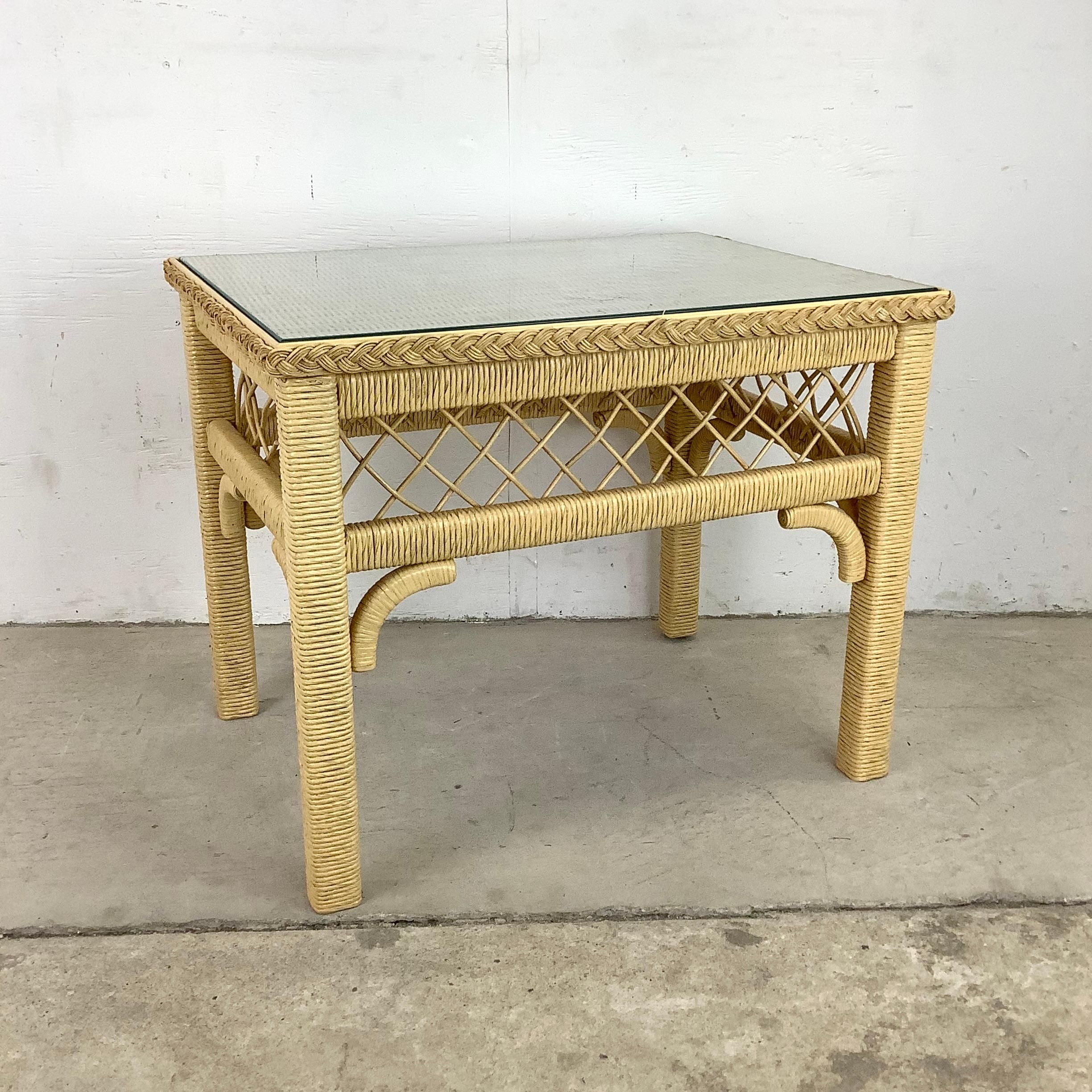 Boho Modern Glass Top Wicker Side Table For Sale At 1Stdibs in