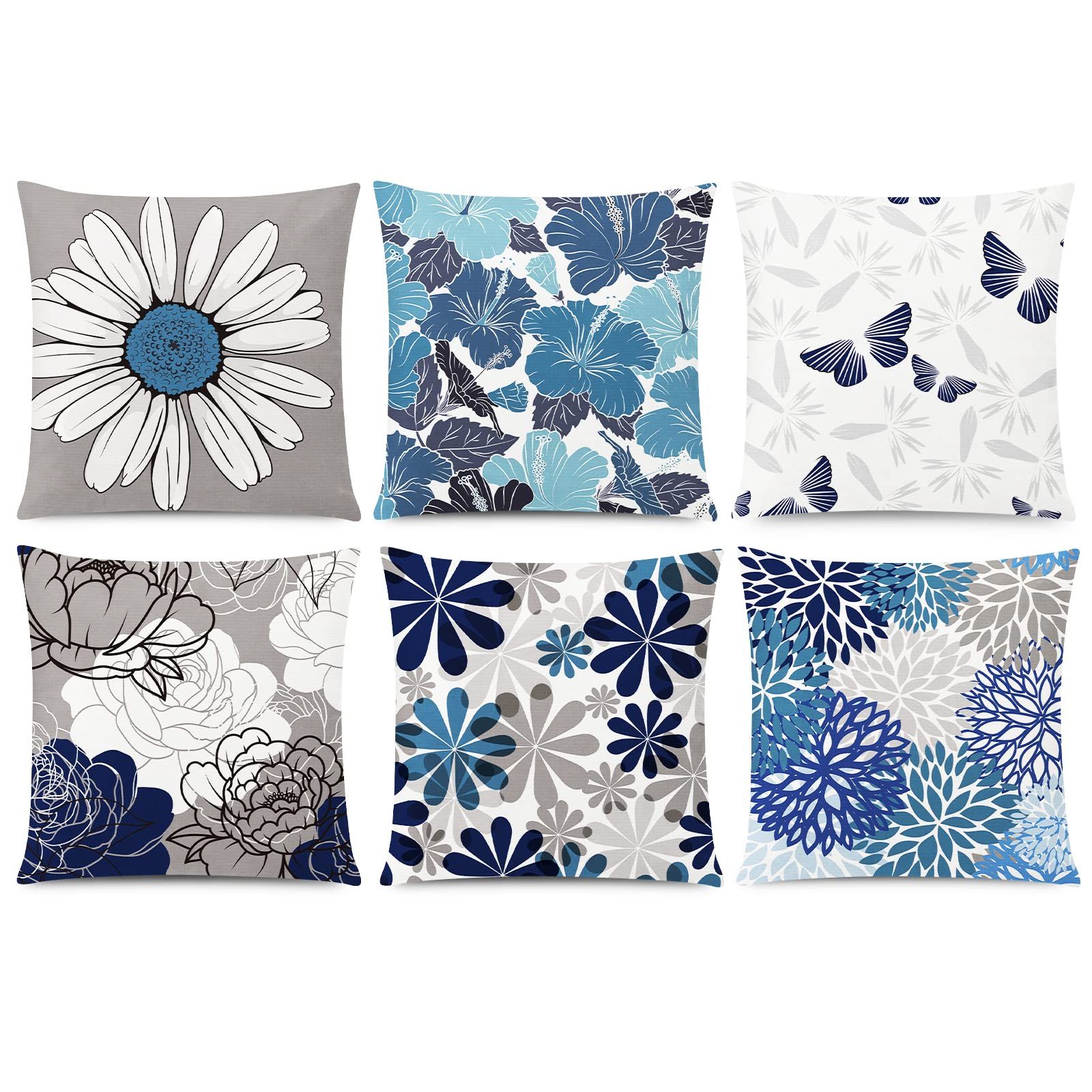 Comminy Blue Grey Pillow Covers 18X18 Set Of 6 Decorative Daisy Flower ... regarding Curating Your Outdoor Space with 18x18 Floral Accents