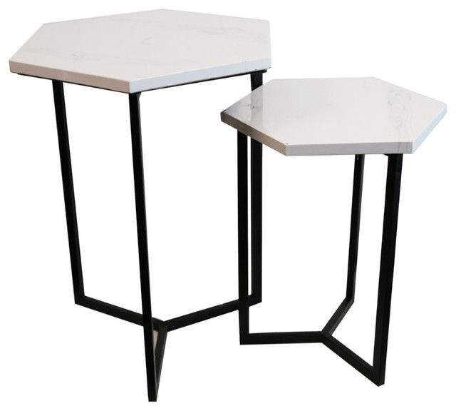 Hexagonal Set Of Two Faux Marble And Metallic Side Tables, Black ... intended for