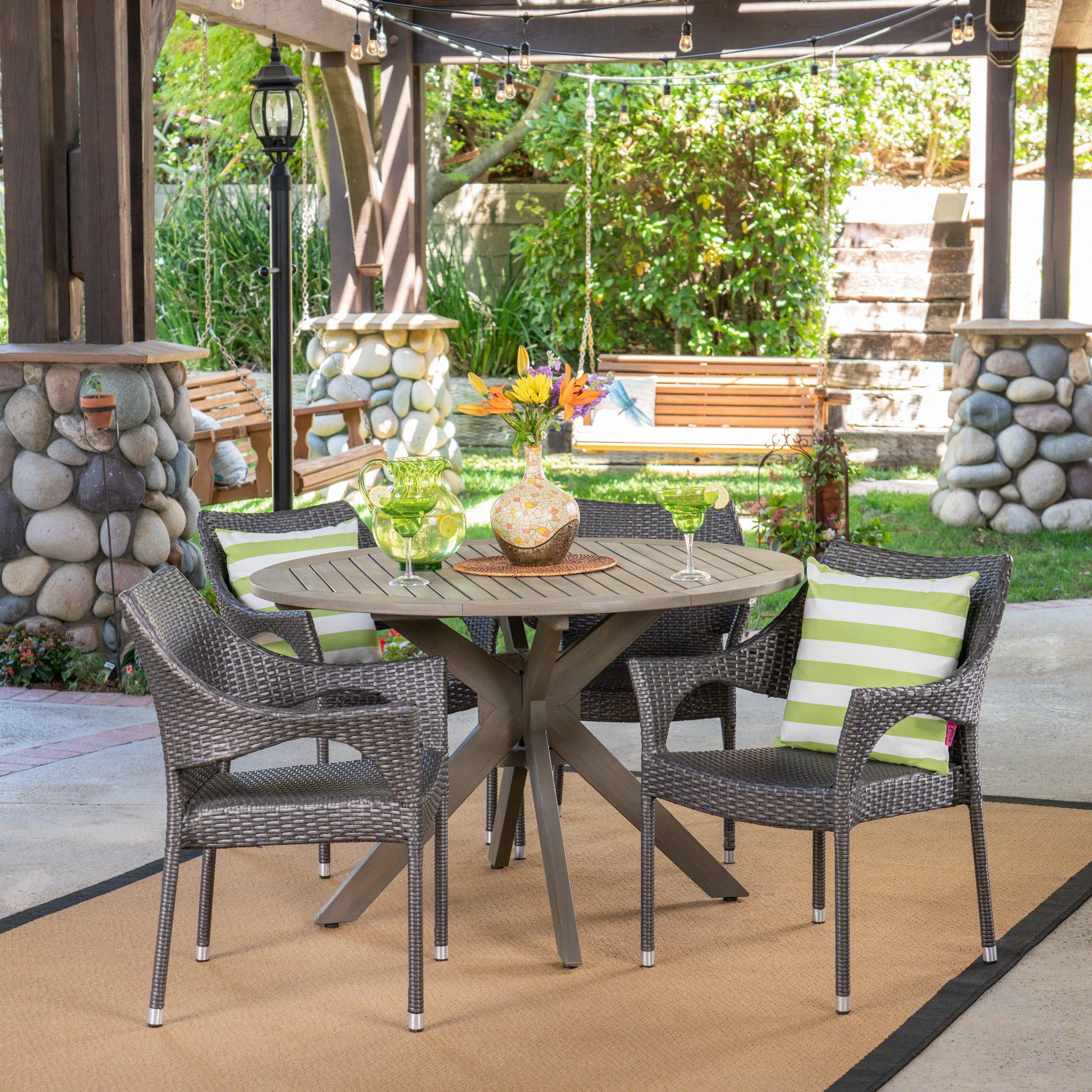 Lina Outdoor 5 Piece Wood And Wicker Dining Set, Gray And Gray | Wicker ... with Channing Wicker Design Withstands Outdoor Wear