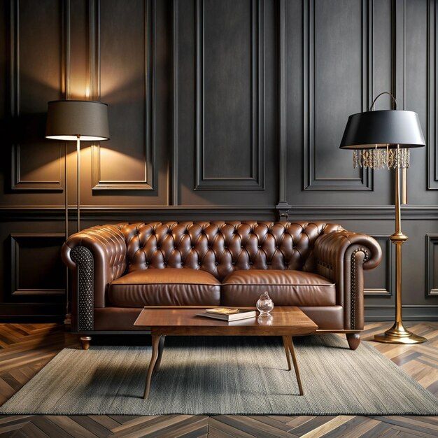 Modern Classic Black Interior With Capitone Brown Leather Chester Sofa ... in
