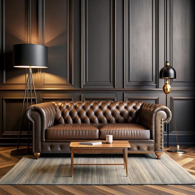 Modern Classic Black Interior With Capitone Brown Leather Chester Sofa ... intended for
