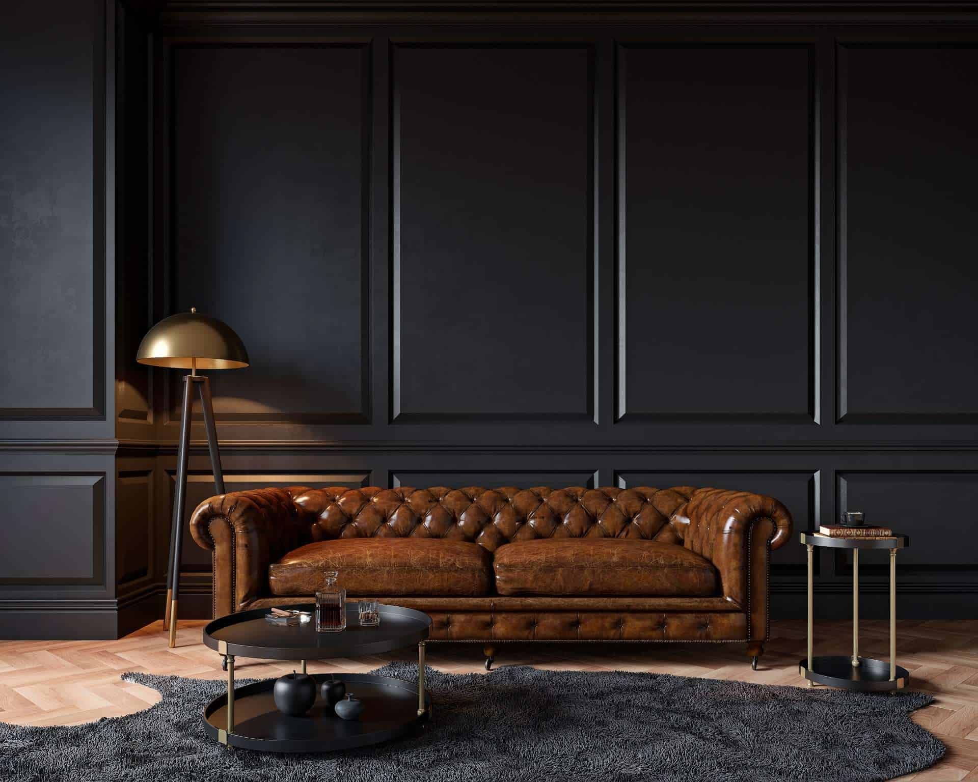 Modern,Classic,Black,Interior,With,Capitone,Brown,Leather,Chester,Sofa ... in