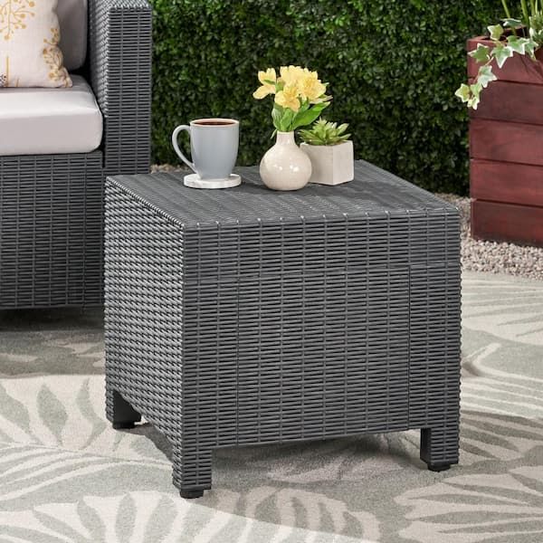 Noble House Waverly 17 In. Dark Grey Square Faux Wicker Outdoor Side ... with