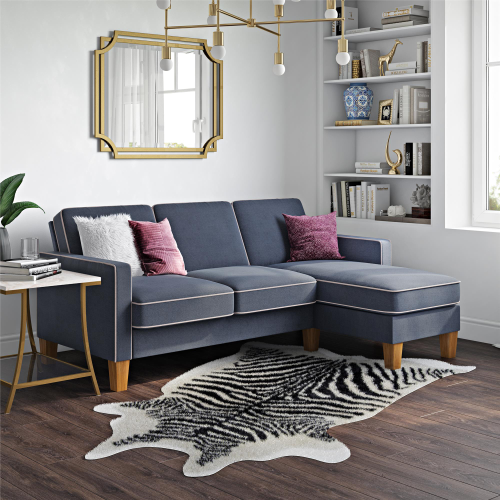 Novogratz Bowen Sectional Sofa With Contrast Welting, Blue, (Blue ... pertaining to The Enduring Appeal of Argento Sofas Featuring Aluminum Legs and Deep Blue Hues