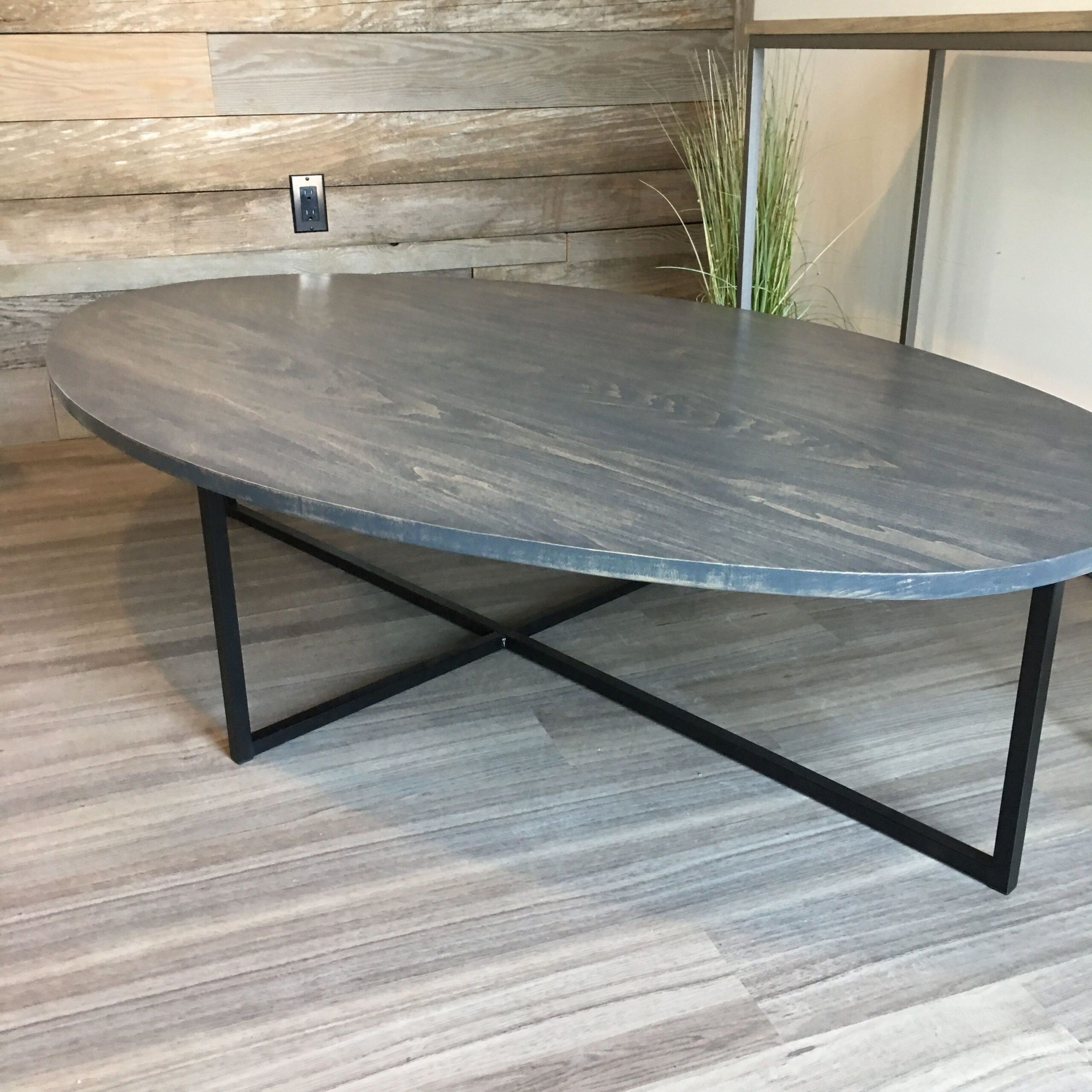 Oval Coffee Table In Dark Grey Stain With Black Steel Base Oval Coffee ... pertaining to