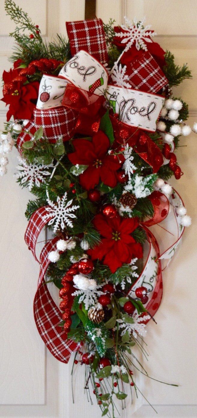 Red And White Teardrop Swag Pine Wreath With Poinsettias Snowflakes ... with regard to